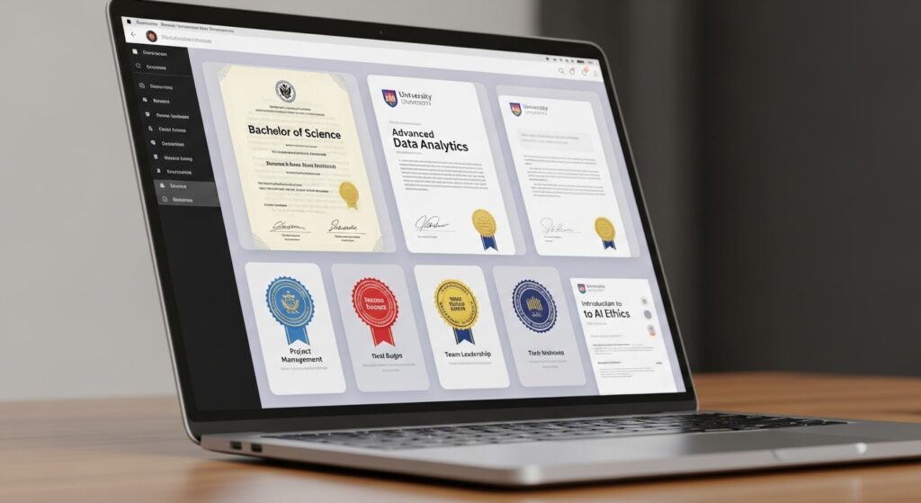 Laptop screen displaying different formats like digital diplomas, certificates, badges, and micro-credentials, organized portfolio view of achievements