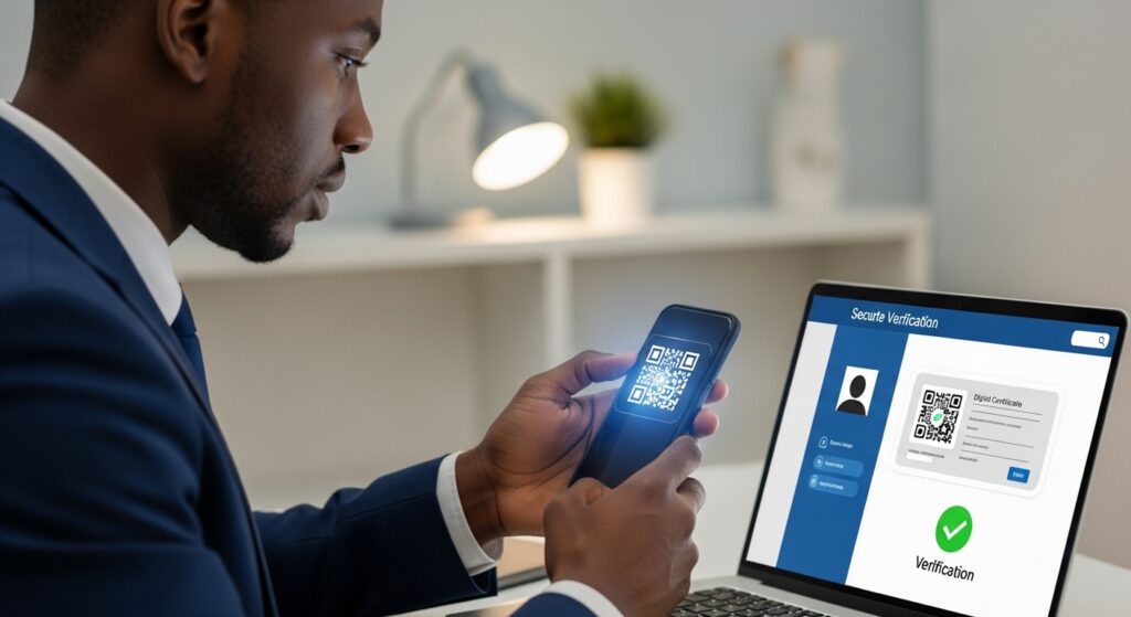 Employer or administrator scanning QR code or verifying digital certificate online, secure verification interface visible on screen