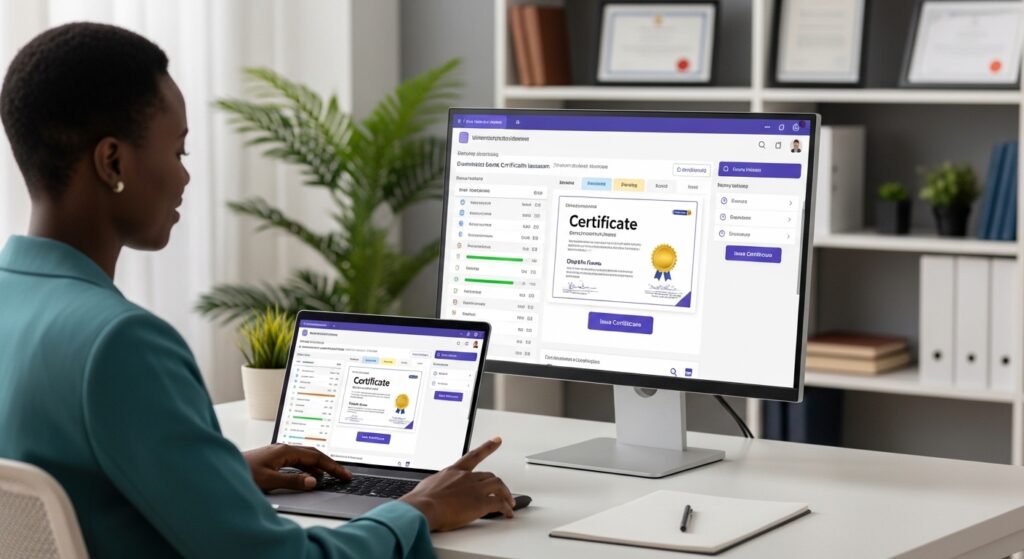 University admin issuing digital certificates through a system dashboard, automated issuance process visible, efficient and structured workflow