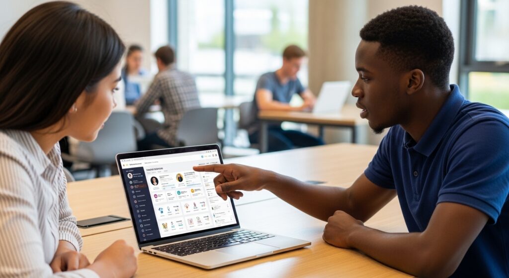 Student sharing digital credential on laptop or professional profile, showcasing achievements for job or further studies