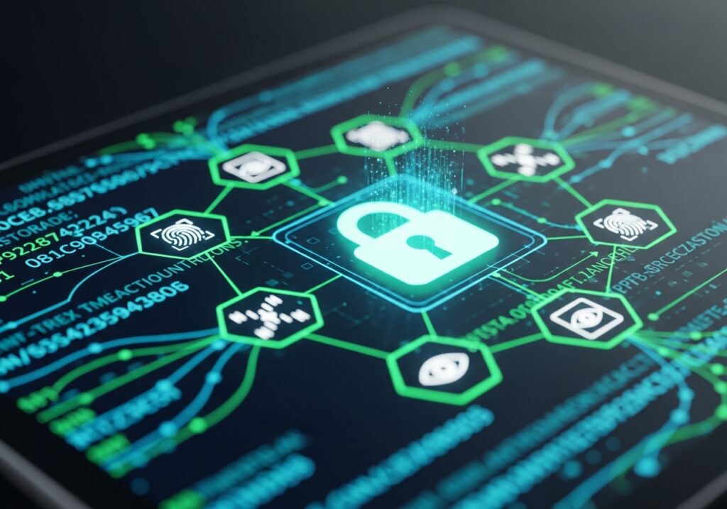 Close-up of digital platform showing blockchain verification or secure credential system interface, highlighting encryption and trust