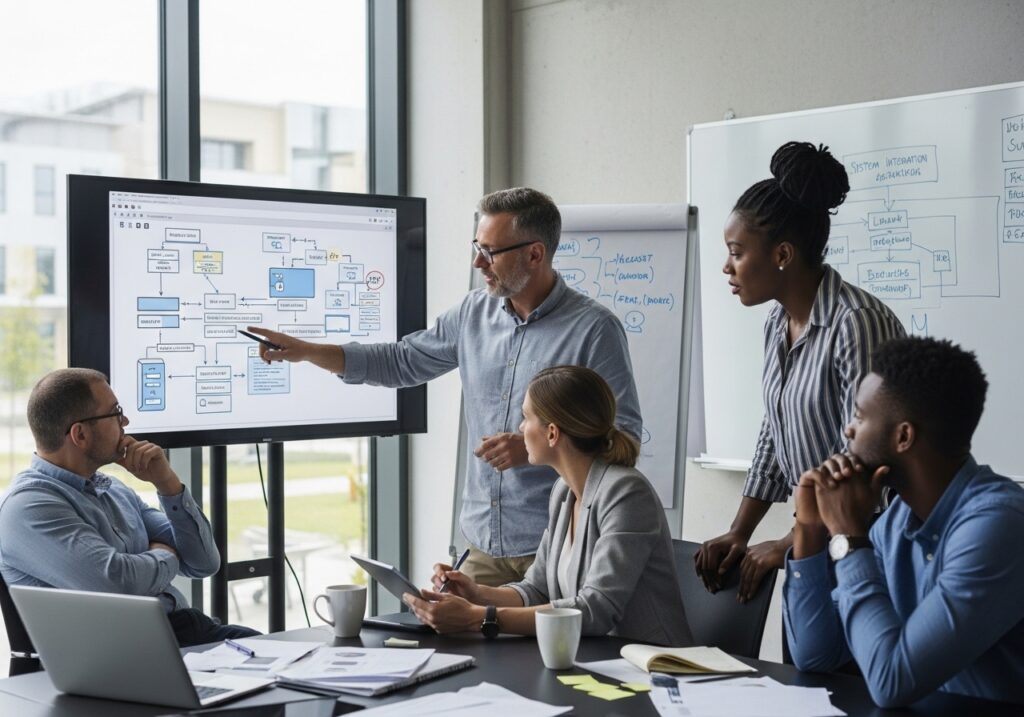 University staff discussing technical setup, reviewing system integration challenges on screen, planning digital credential rollout