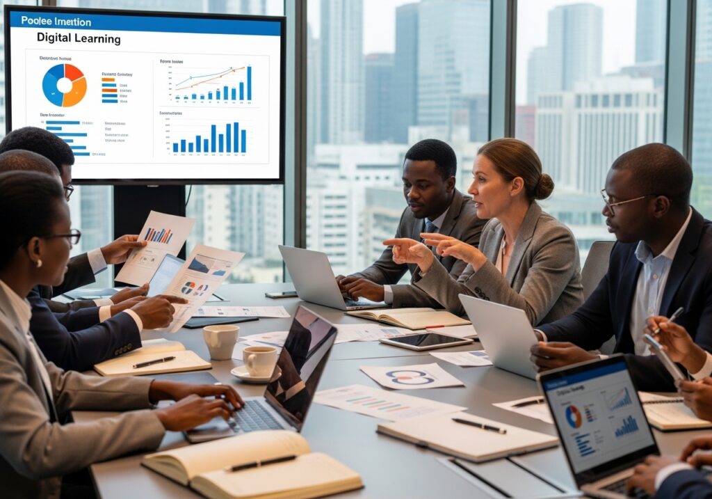 Education policymakers and technology specialists reviewing digital learning infrastructure plans on laptops and tablets, global education strategy discussion in progress - strategic partnerships in EdTech