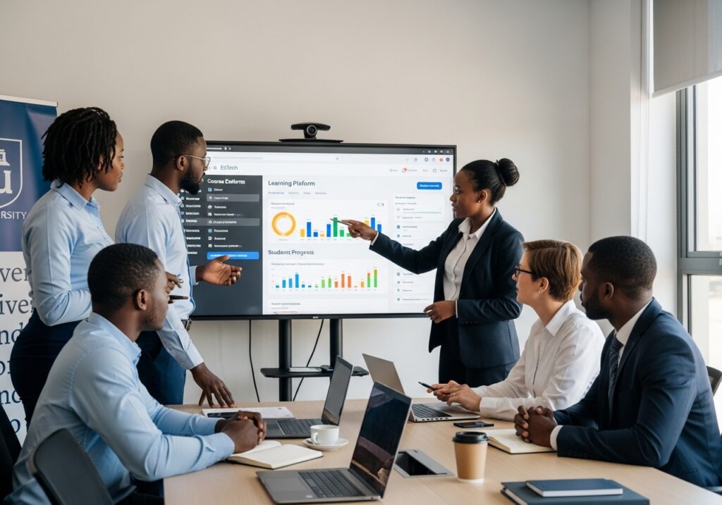 University IT team meeting with EdTech company representatives while reviewing learning platform interface on a large screen, collaborative technology planning session - strategic partnerships in EdTech