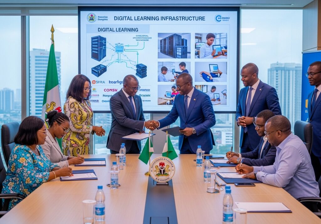 Government education officials and private technology leaders signing partnership agreement documents while digital learning infrastructure plans appear on presentation screen - strategic partnerships in EdTech