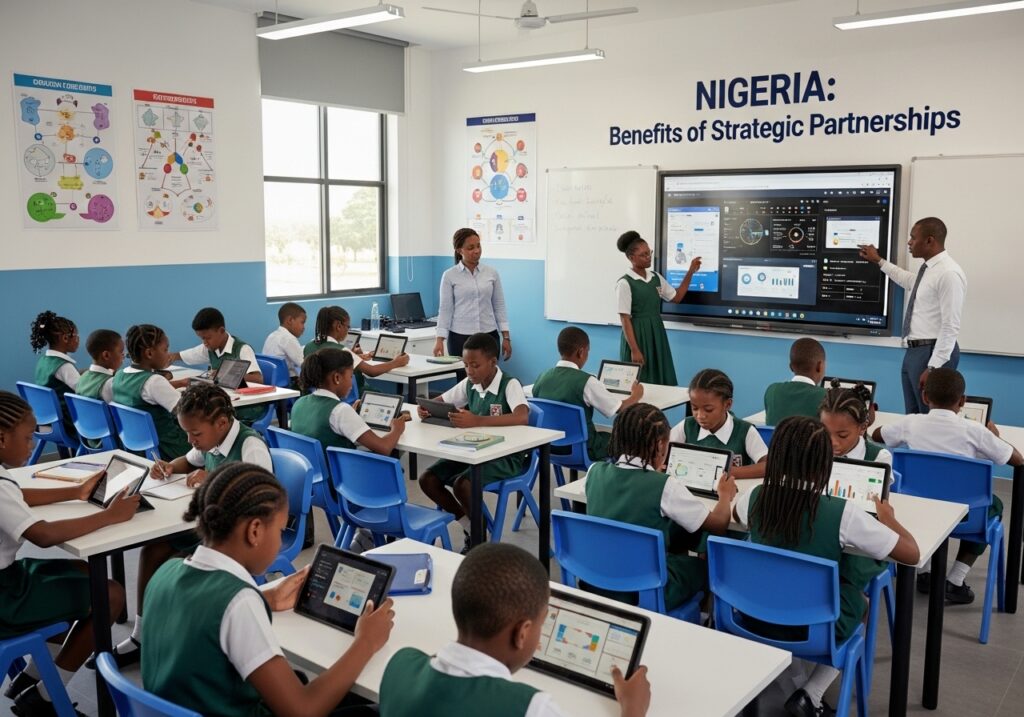 Modern digital classroom with students using tablets and laptops while teachers access advanced learning platform supported by technology collaboration