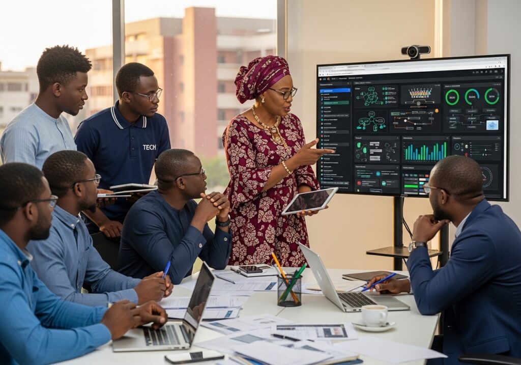 University administrators and technology teams reviewing system integration issues on dashboard screens, discussing governance and data security concerns