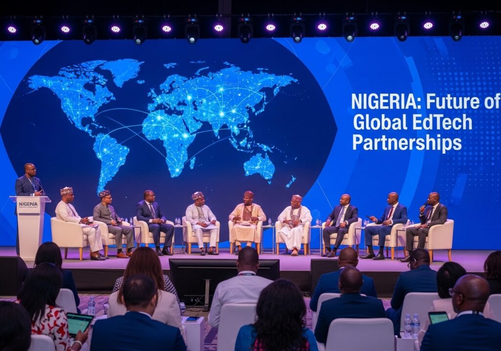 International education conference where leaders discuss cross-border digital education platforms and global collaboration initiatives