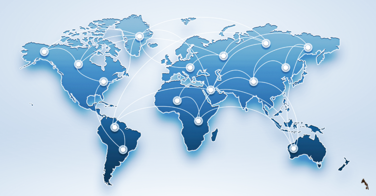 Diverse group of university leaders and students from different countries sitting around a table or connected via large digital screens; world map visible in background with connection lines between countries; laptops showing virtual classrooms and international collaboration tools; represents cross-border education and global university partnerships