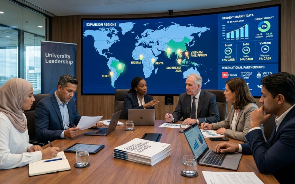 University leadership team reviewing global expansion plan on screen; 

world map with highlighted regions and student market data; 

focus on decision-making and international education partnerships 