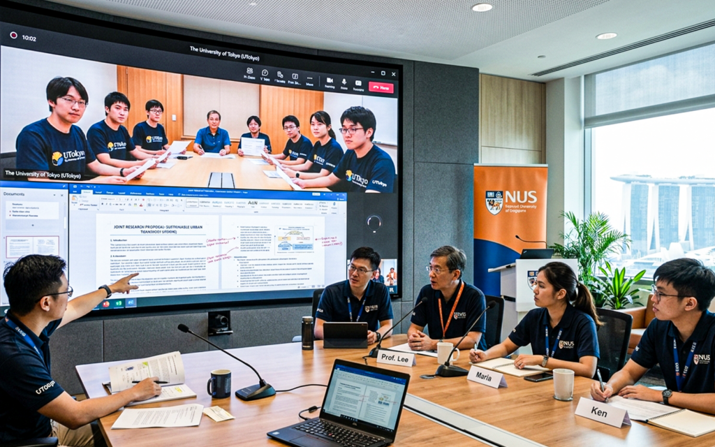 Two university teams from different countries in a virtual meeting discussing documents; 

serious tone, multiple screens with policies and agreements; 

represents compliance, accreditation, and governance challenges 