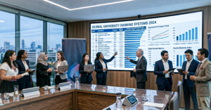 Large digital screen displaying global university ranking list with scores, charts, and metrics; diverse group of academic leaders reviewing rankings in a boardroom; clean data visualization, professional setting