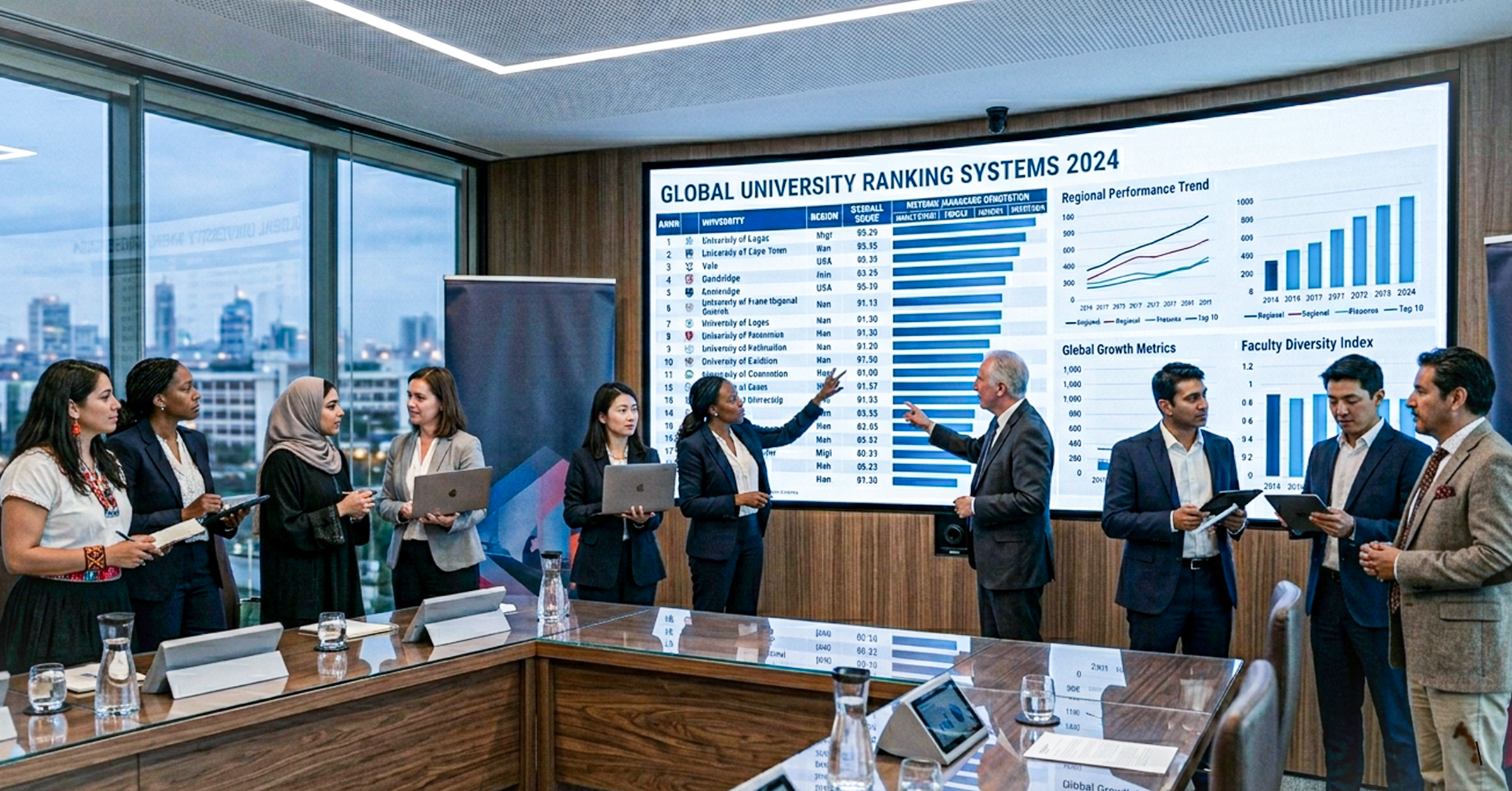 Large digital screen displaying global university ranking list with scores, charts, and metrics; diverse group of academic leaders reviewing rankings in a boardroom; clean data visualization, professional setting