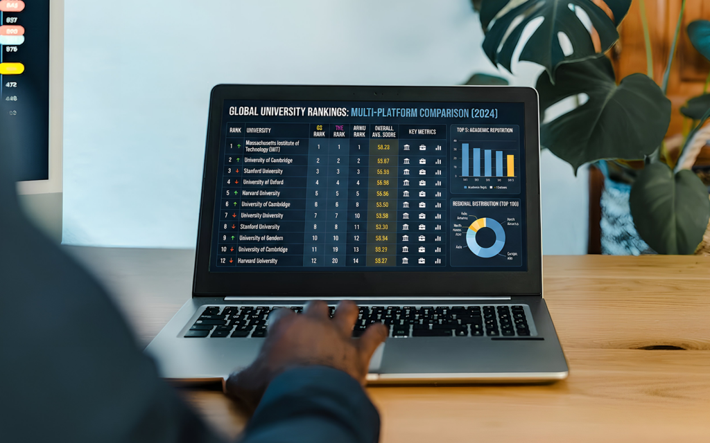 Laptop screen showing comparison of ranking platforms (layout inspired by QS, THE, ARWU style interfaces); tables with scores, rankings, and categories; focus on global university rankings overview