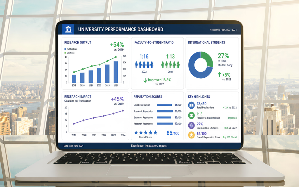 Dashboard-style visual showing key metrics: research output graphs faculty-to-student ratio charts international student percentage reputation scores clear, structured data visualization
