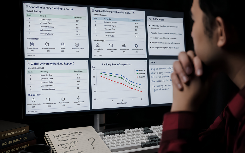 Researcher or academic reviewing data critically on screen; multiple reports open with conflicting ranking results; thoughtful expression; represents limitations and variations in ranking systems