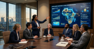 University leadership team reviewing a large digital dashboard with Africa map highlighted; screen shows student demand data, enrollment trends, country-level analytics, and application flow from African countries; professional global strategy setting; visual should clearly represent the Africa higher education market opportunity for universities