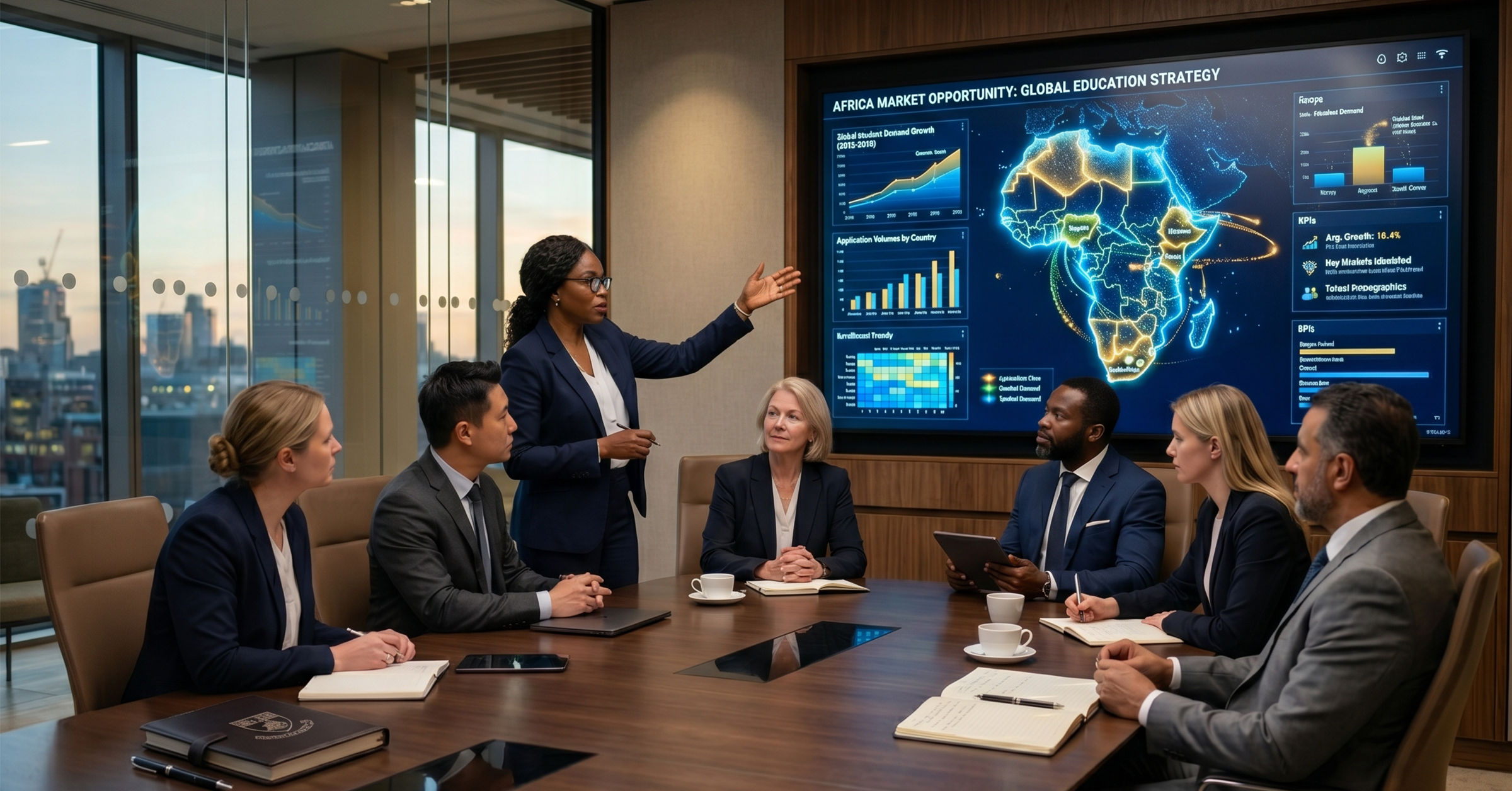 University leadership team reviewing a large digital dashboard with Africa map highlighted; screen shows student demand data, enrollment trends, country-level analytics, and application flow from African countries; professional global strategy setting; visual should clearly represent the Africa higher education market opportunity for universities