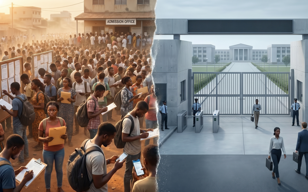 Split visual showing: Left side: large number of African students waiting for university access, application forms, education demand rising Right side: limited university seats, restricted campus capacity, smaller institutional supply represents the higher education demand gap clearly