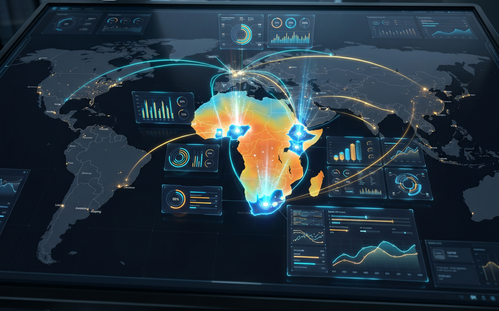 Digital world map or Africa map with focus on: Nigeria Ghana Kenya South Africa Ethiopia with visible student demand indicators, top study destinations, and enrollment insights; strategic decision-making style visual