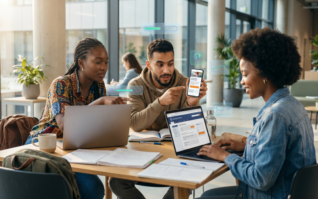 African students using laptops and mobile phones researching universities online; visible scholarship pages, flexible learning programs, admission portals; represents real student decision behavior and international recruitment intent