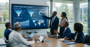 University leadership and admissions team reviewing a large enrollment analytics dashboard; visible metrics include: lead-to-application rate application-to-enrollment rate cost per enrolled student conversion by market professional boardroom setting; visual should show international student enrollment metrics driving leadership decisions