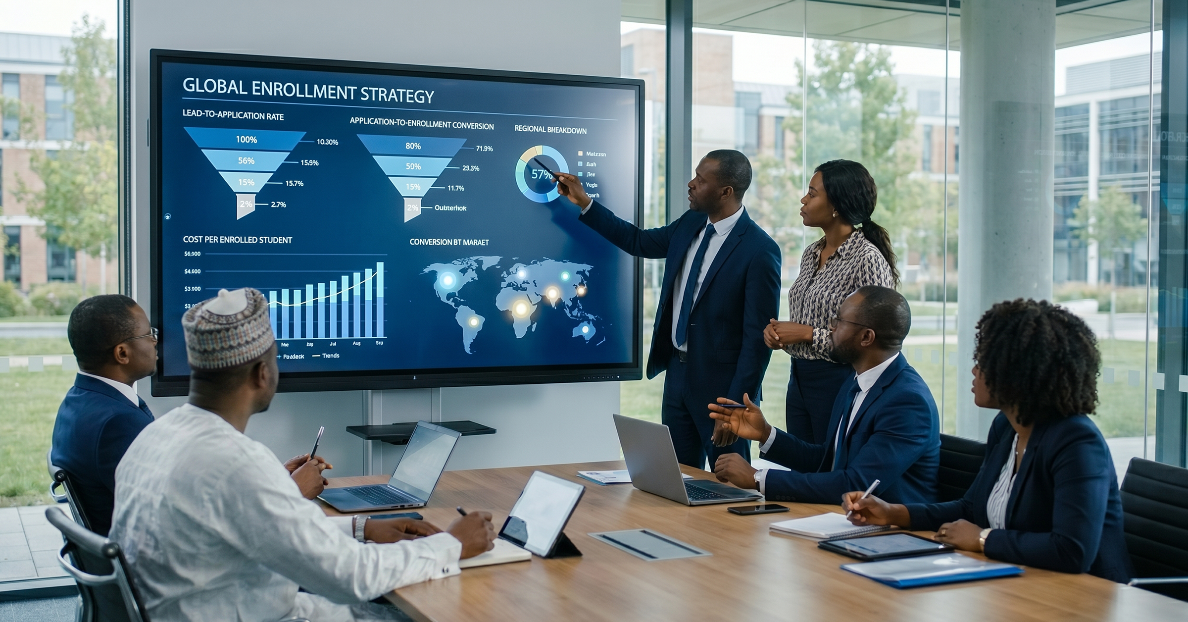 University leadership and admissions team reviewing a large enrollment analytics dashboard; visible metrics include: lead-to-application rate application-to-enrollment rate cost per enrolled student conversion by market professional boardroom setting; visual should show international student enrollment metrics driving leadership decisions