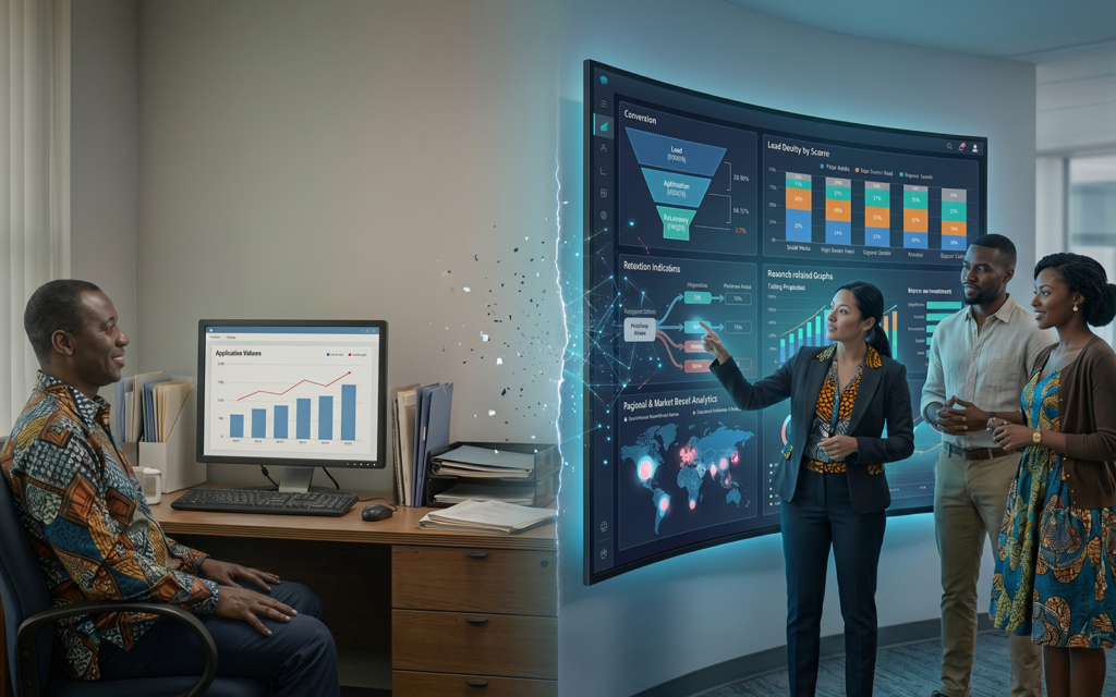 Split screen: Left: basic dashboard showing only application volume Right: advanced dashboard with conversion metrics, lead quality, retention, and revenue tracking shows why institutions often measure the wrong things. international student enrolment metrics