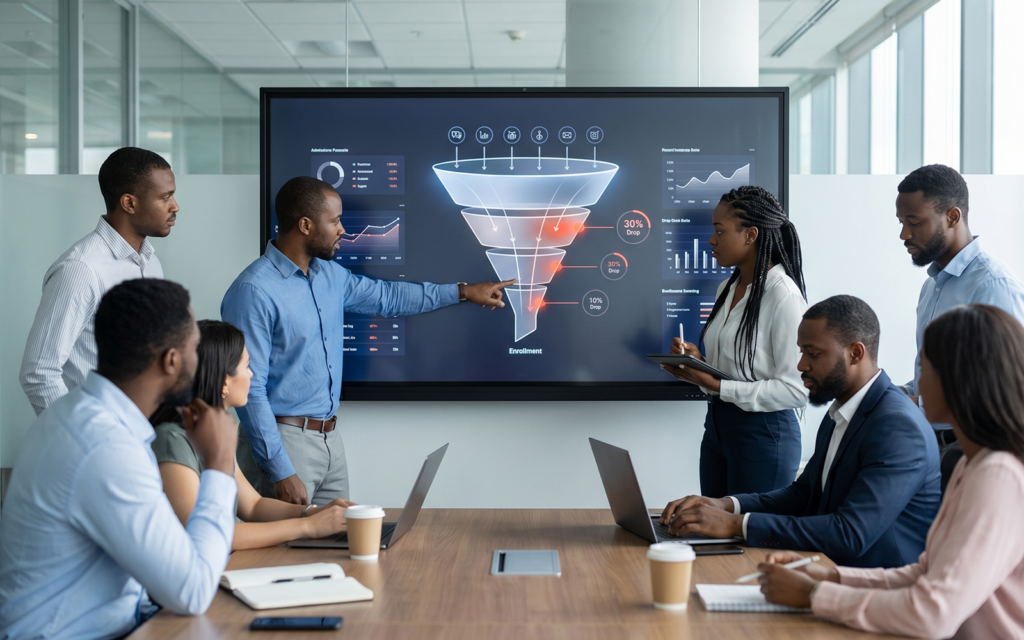 Admissions funnel displayed on screen: inquiry lead application offer enrollment with visible drop-off percentages; team reviewing conversion leak points international student enrolment metrics