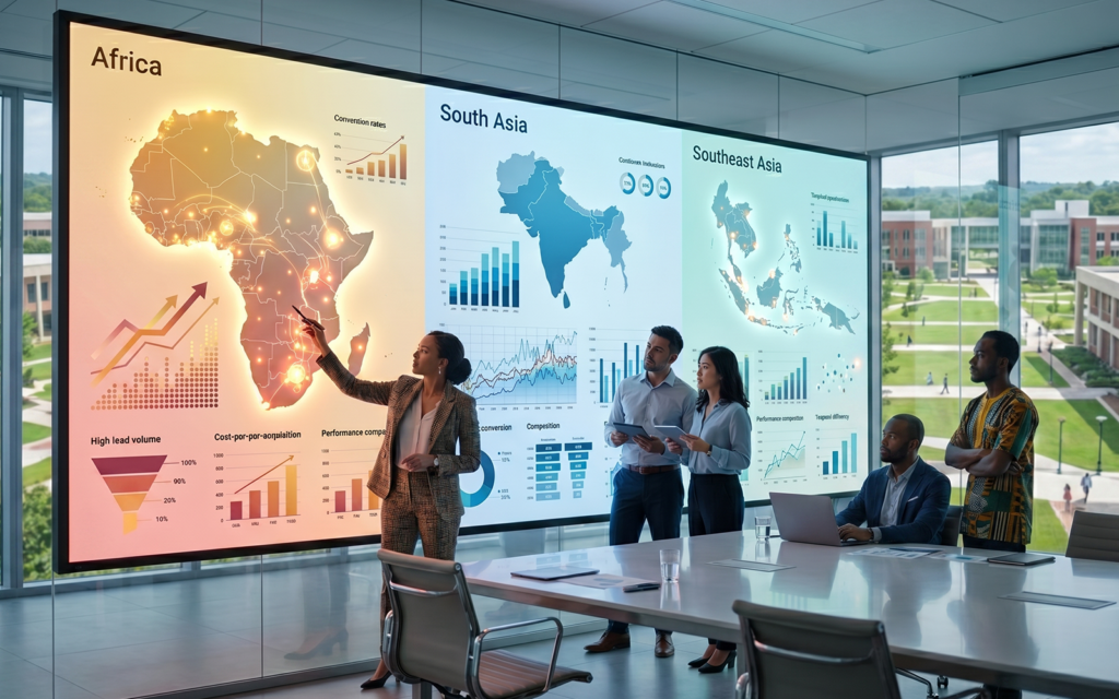 Dashboard segmented by regions: Africa South Asia Southeast Asia showing performance differences by market; represents smarter budget allocation and recruitment strategy