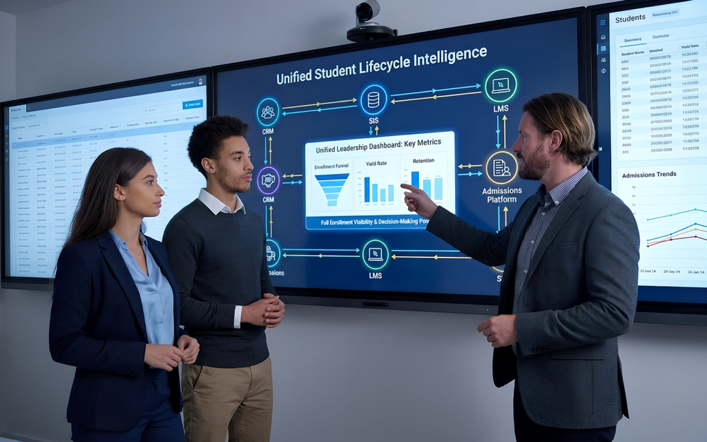 Visual of integrated systems on screen: CRM SIS LMS Admissions Platform connected by data flow lines; leadership team reviewing unified reports; represents full enrollment visibility and decision-making power