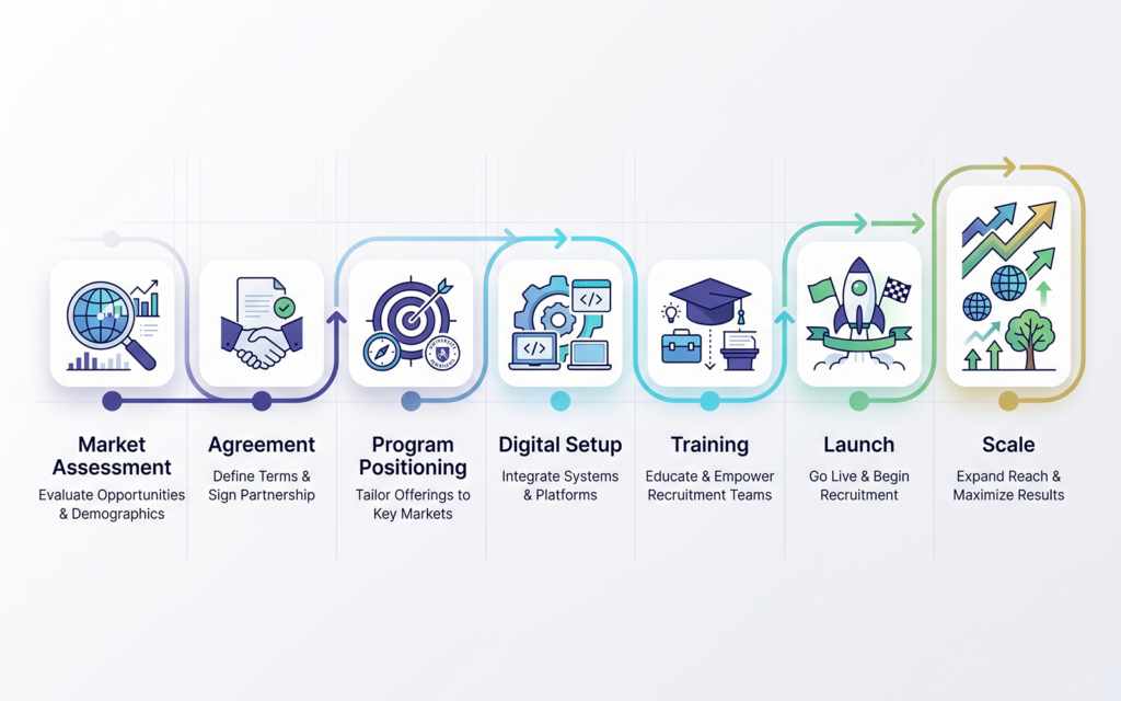 University partnership model in international education showing structured onboarding and student recruitment process