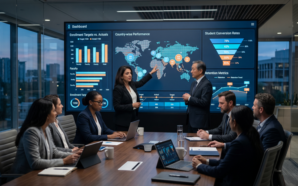 University partnership model in international education with global enrolment performance dashboard and executive strategy meeting