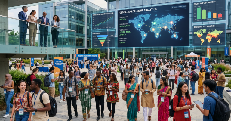 Large-scale international university enrollment growth scene showing diverse African, Asian, and international students during orientation at a modern university campus; digital world map with enrollment analytics, country expansion dashboards, CRM funnels, and application growth metrics visible on large screens; executive-level global education strategy atmosphere representing scaling international student enrollment university