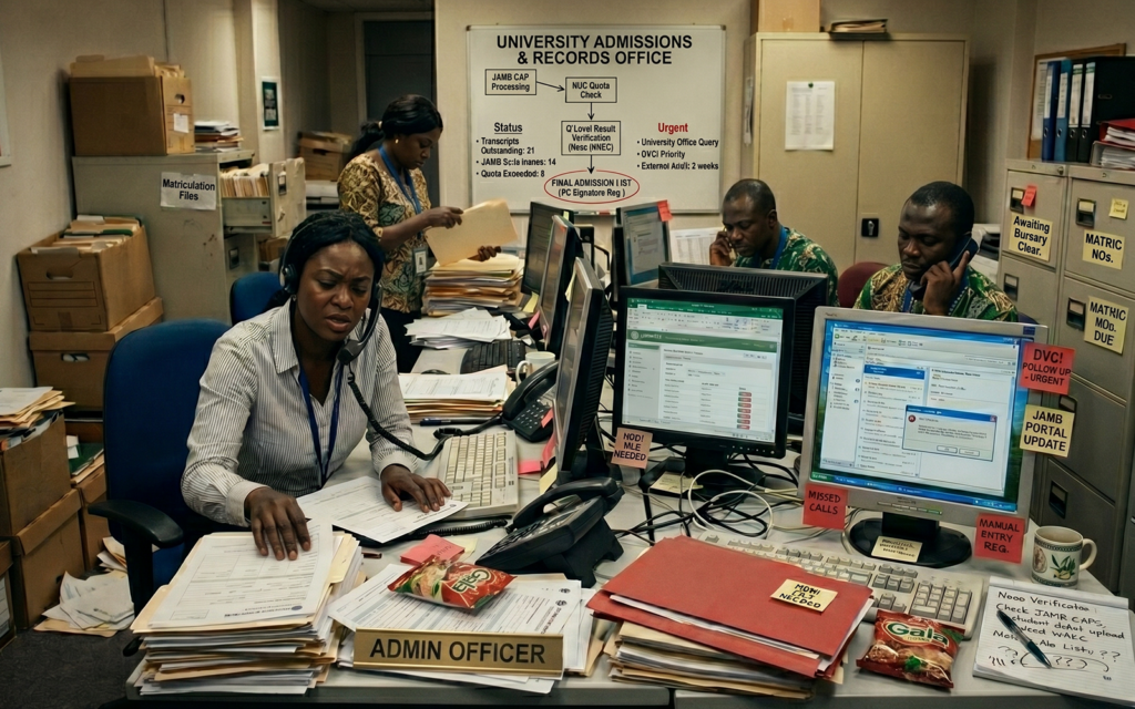 Small university admissions office with overloaded recruitment staff managing spreadsheets, scattered student inquiries, manual follow-ups, and disconnected communication systems; visual showing weak enrollment infrastructure and operational bottlenecks preventing international growth