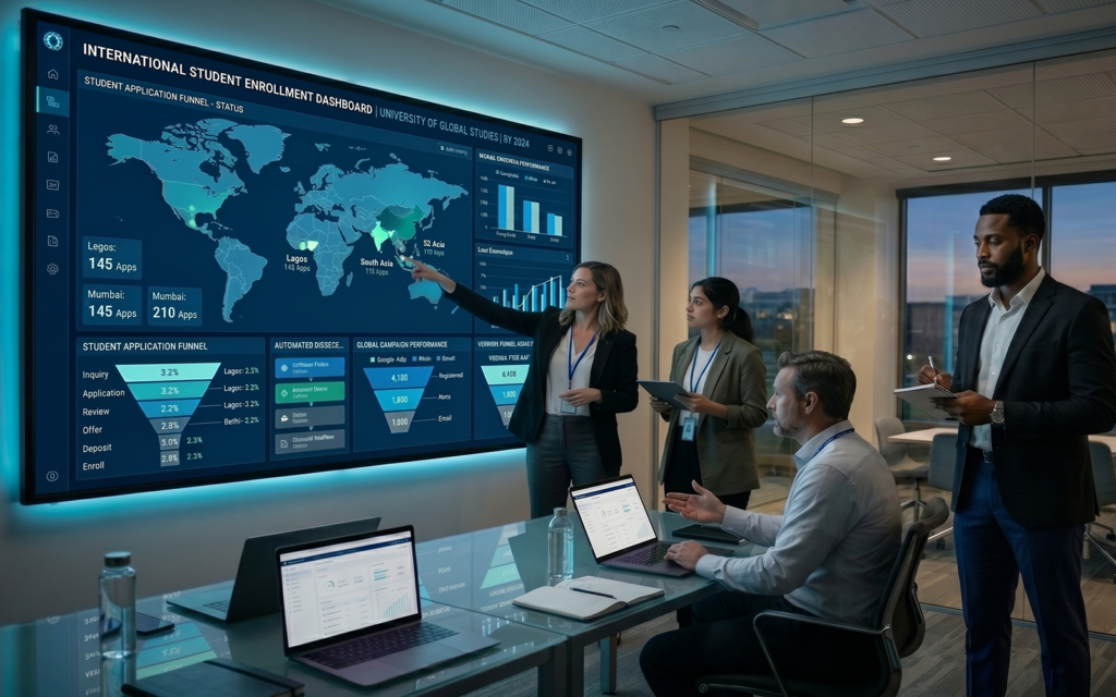 Modern enrollment operations dashboard displaying: CRM automation student application tracking webinar funnel registrations lead conversion analytics international recruitment campaigns professional higher education growth environment representing international student pipeline scaling and enrollment funnel management university