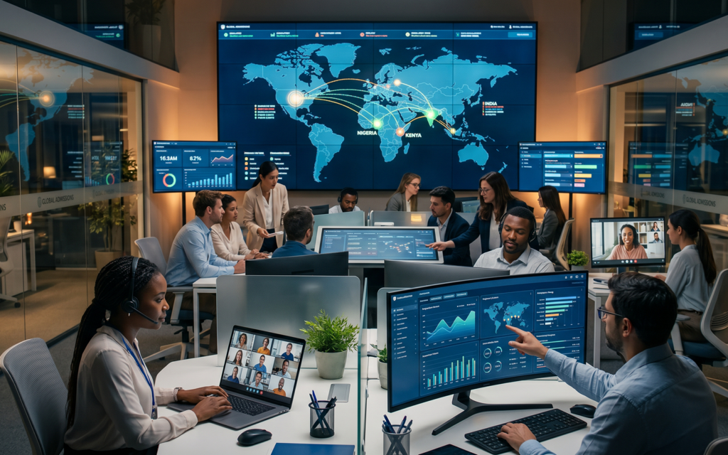 Global university recruitment team coordinating admissions across Nigeria, Kenya, India, and other emerging markets; country-level reporting dashboards, virtual counseling calls, local partnerships, and international onboarding systems visible; represents university enrollment growth strategy at operational scale
