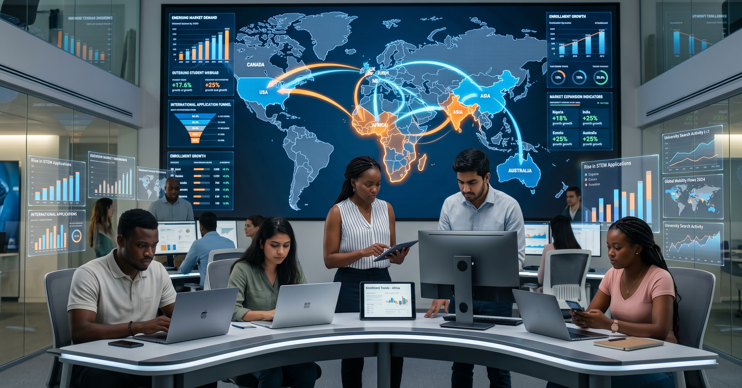 Global higher education market intelligence visual featuring students from Nigeria, India, Kenya, and East Africa researching international universities on mobile phones and laptops; world map with outbound mobility trends, enrollment growth charts, and university expansion analytics; professional international education strategy environment representing fastest growing international student source markets