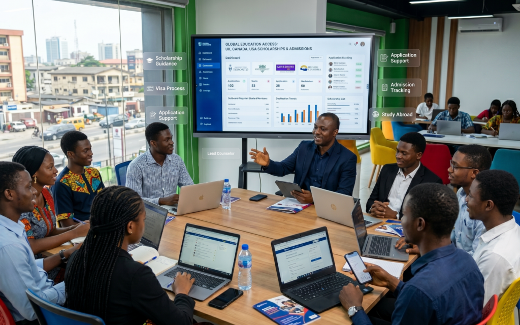 Young Nigerian students attending international education counseling session with scholarship guidance, university application support, and digital admission assistance; urban African education environment showing strong outbound student demand and mobile-first engagement behavior