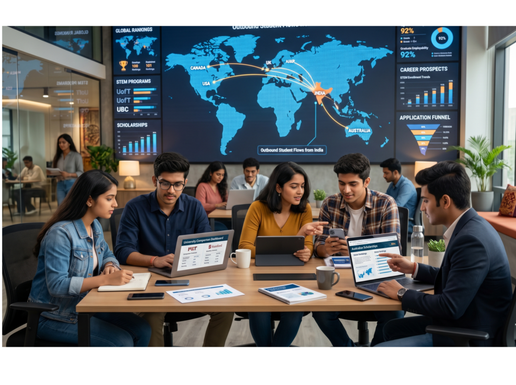 Indian students comparing international universities, STEM programs, scholarship opportunities, and career outcomes using digital platforms; modern student recruitment environment representing student source market trends and international higher education growth markets