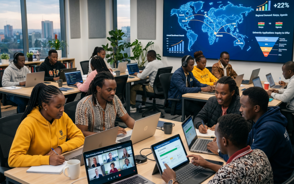 Students from Kenya and East Africa participating in virtual learning sessions, university webinars, and technology-enabled admissions support; professional digital education setting highlighting rising middle-class demand and expanding international mobility trends