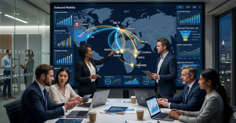 Professional Africa-focused international education market intelligence dashboard showing student mobility trends across Nigeria, Ghana, Kenya, Ethiopia, and Zimbabwe; large digital world map with outbound student movement lines connecting Africa to UK, Canada, USA, Germany, UAE, and Ireland; modern university strategy and global student recruitment atmosphere with data visualization, enrollment analytics, and institutional briefing presentation style