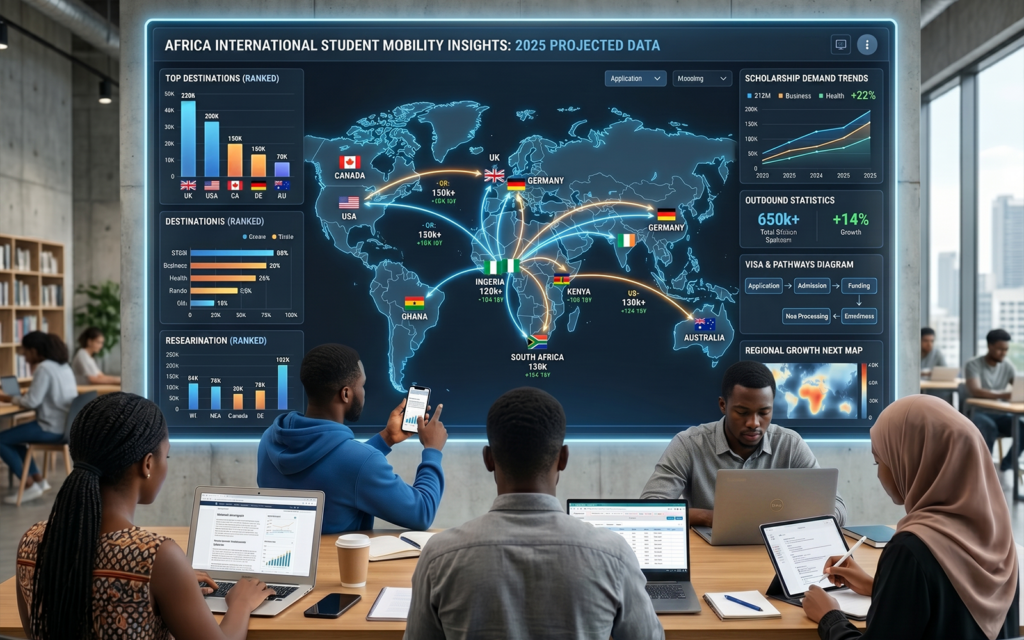 Detailed infographic-style scene showing African students researching international universities on laptops and smartphones with: outbound mobility statistics top destination countries scholarship demand charts visa and migration pathways international education growth trends professional research-report visual for international student mobility Africa 2025 insights