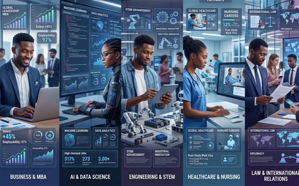 Modern multi-panel higher education visual showing African students exploring: MBA and business leadership programs AI and data science degrees engineering and STEM education healthcare and nursing pathways law and international relations studies career-focused international education environment highlighting employability and migration opportunities