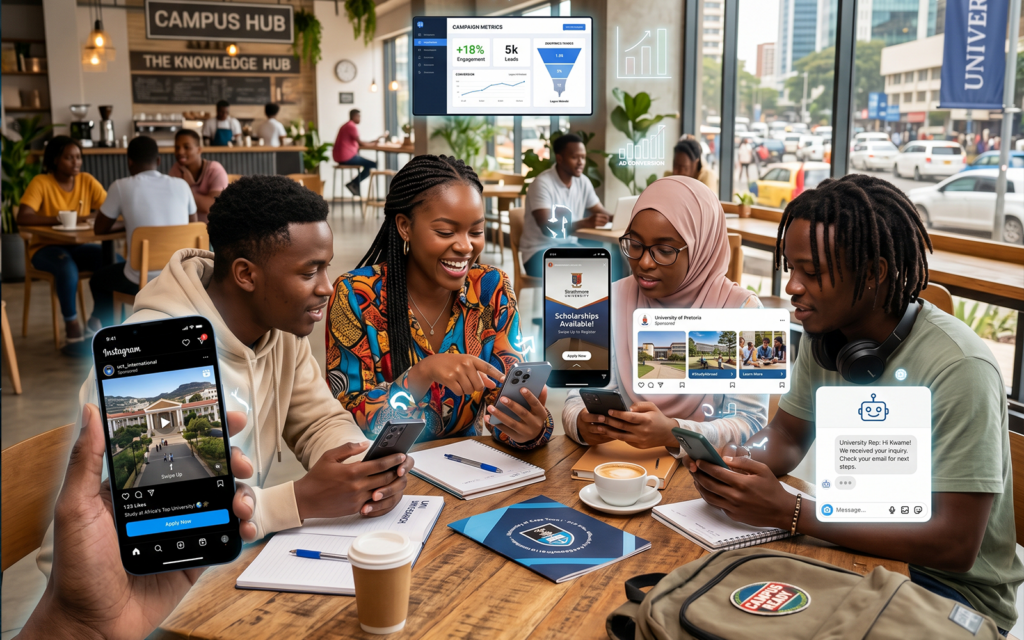 TikTok study abroad videos YouTube student testimonials WhatsApp communities mobile-first university application systems modern student recruitment and digital enrollment ecosystem designed for African higher education markets