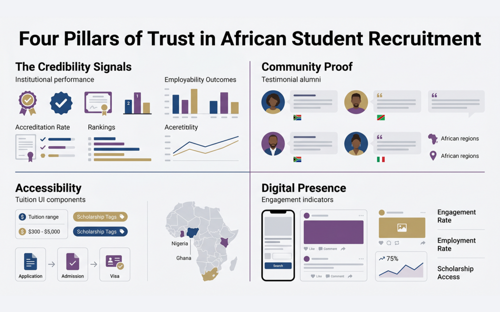 Enterprise-style infographic visual showing four trust pillars for African student recruitment: credibility signals community proof accessibility digital presence including African alumni testimonials, employability outcomes, scholarship information, and regional student engagement visuals