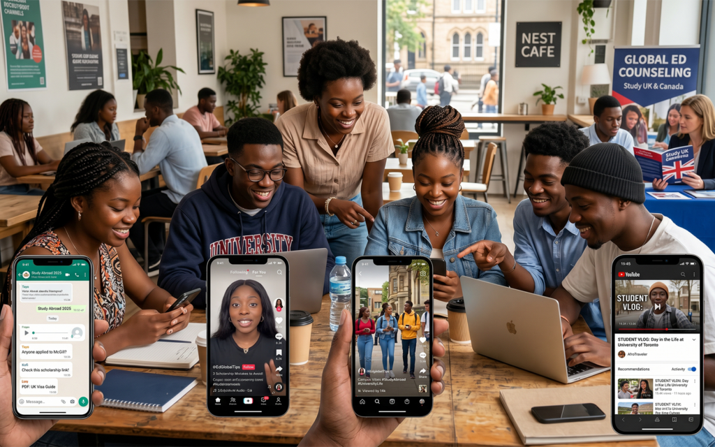 Dynamic digital recruitment ecosystem showing African students using: WhatsApp student groups TikTok education creators Instagram university reels YouTube campus experience videos education fairs and counselor sessions modern higher education marketing channels and peer-driven student discovery environment