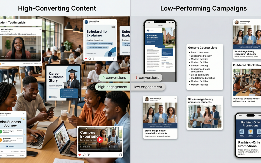 Split-screen comparison showing: High-converting university content: African student testimonials scholarship explainers career outcome stories visa success journeys campus experience videos Low-performing generic campaigns: corporate brochures stock-image-heavy advertisements ranking-only promotions without local context professional strategic university positioning comparison