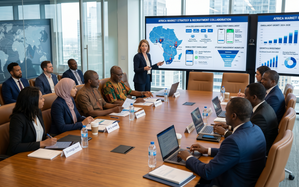 International university and African education partnership meeting showing: regional recruitment collaboration localized admissions support mobile-first enrollment systems student engagement workflows long-term African market strategy planning professional global higher education partnership and student acquisition environment