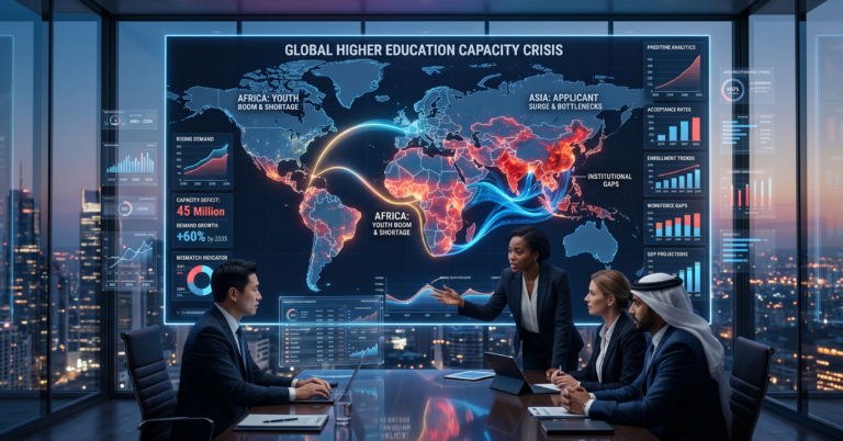 Global economic visualization showing a growing gap between student demand and university capacity across Africa, Asia, and emerging economies; large digital world map displaying rising youth populations, overflowing university pplicant pipelines, workforce shortages, and economic growth indicators; policymakers, university leaders, and economists reviewing higher education capacity dashboards in a modern strategy environment; premium thought-leadership style focused on education infrastructure and economic development